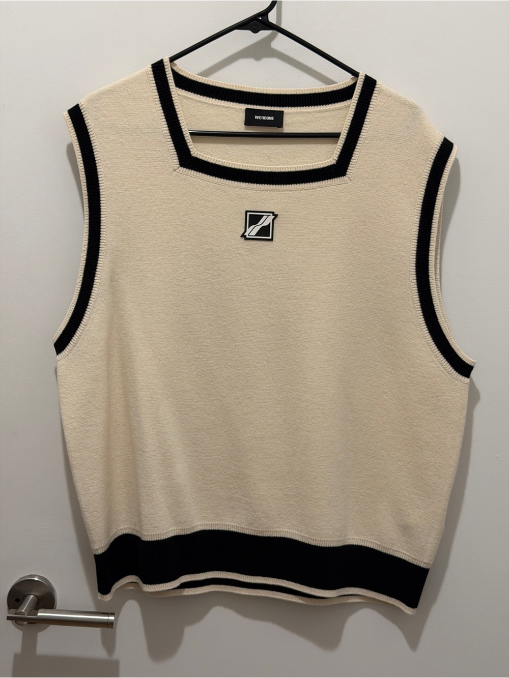 We11done Logo Patched Square Neck Knit Vest in Cream with Black Trim